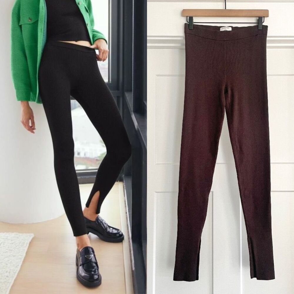 ❤️ Aritzia Babaton Distill Leggings Side Slit Brown Coffee Bean Ribbed Knit